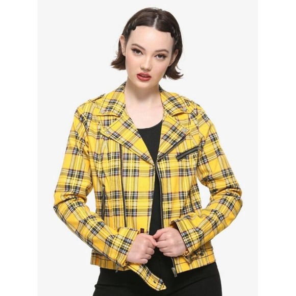 Royal Bones Jackets & Blazers - Royal Bones By Tripp Plaid Asymmetric Zip Up Belted Denim Biker Jacket, XL
